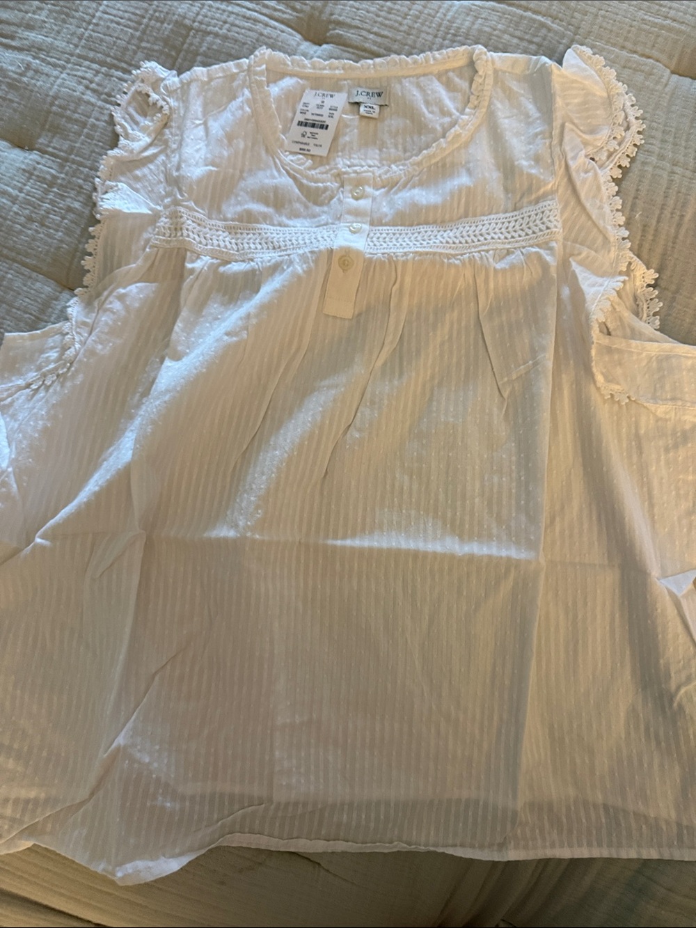 NWT J. Crew White Crochet-Trim Cap Sleeve Top